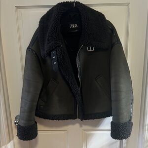 Zara Black Shearling Aviator Jacket